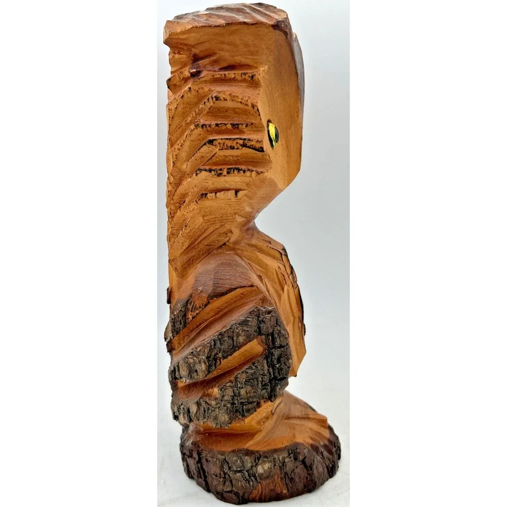 Vintage Handcarved Long Eared Owl On Tree Stump Figure 9 3/8